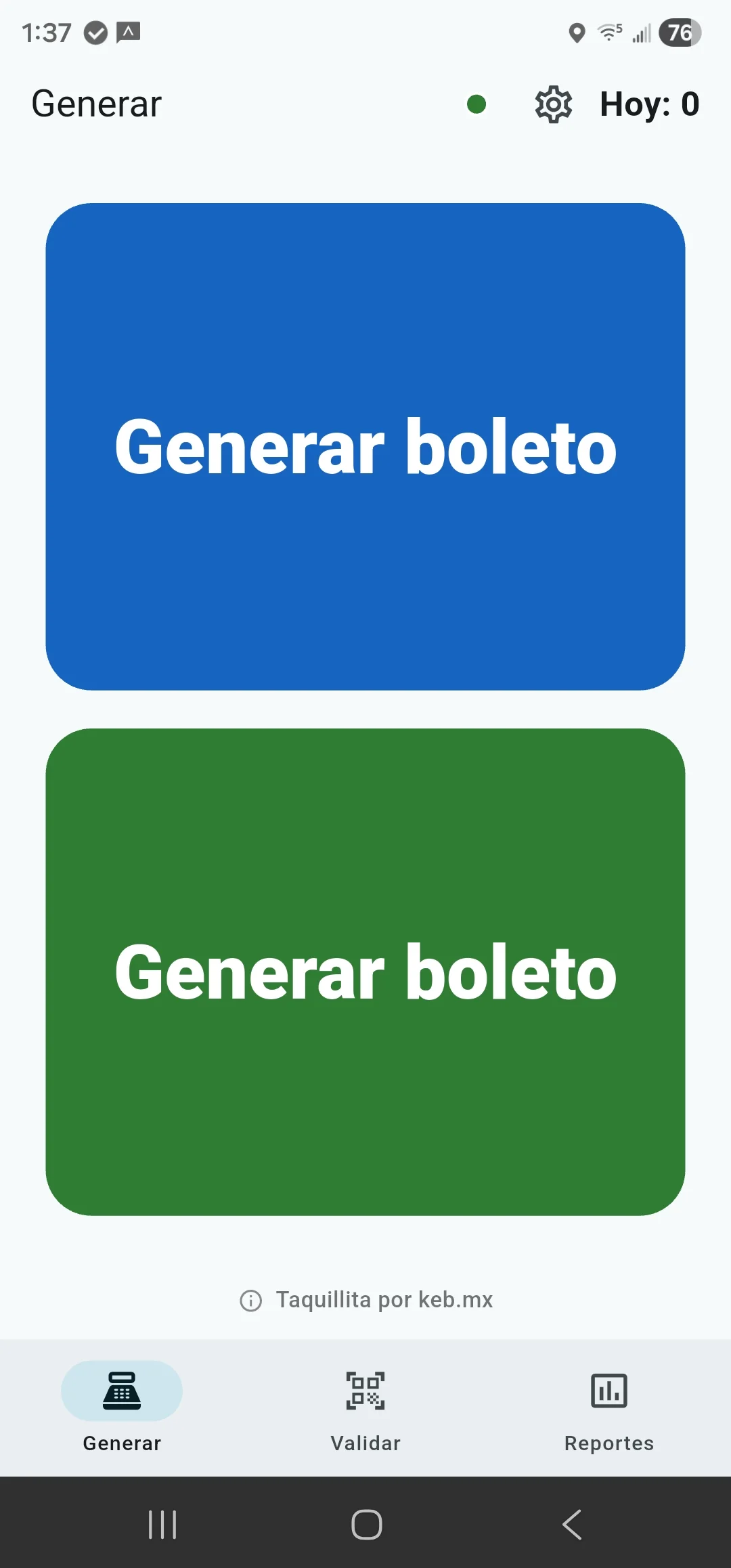 Pantalla Generar de la app de Taquillita con dos botones de categoría