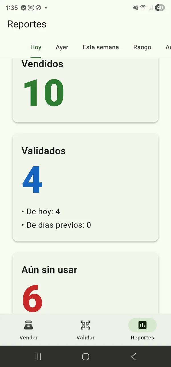 Pantalla Reportes de la app de Taquillita con vendidos, validados y sin usar